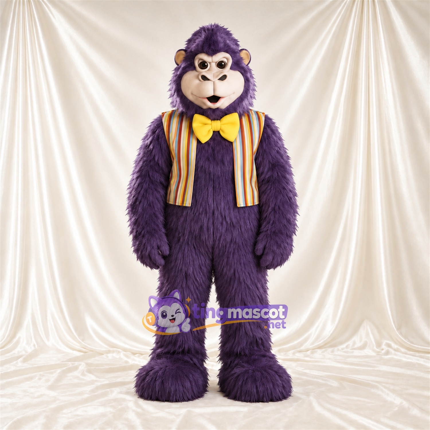 Maskottchenkostüm Affe – violett – Weste; Fliege (gelb) Maskottchenkostüm Affe – violett – Weste; Fliege (gelb)