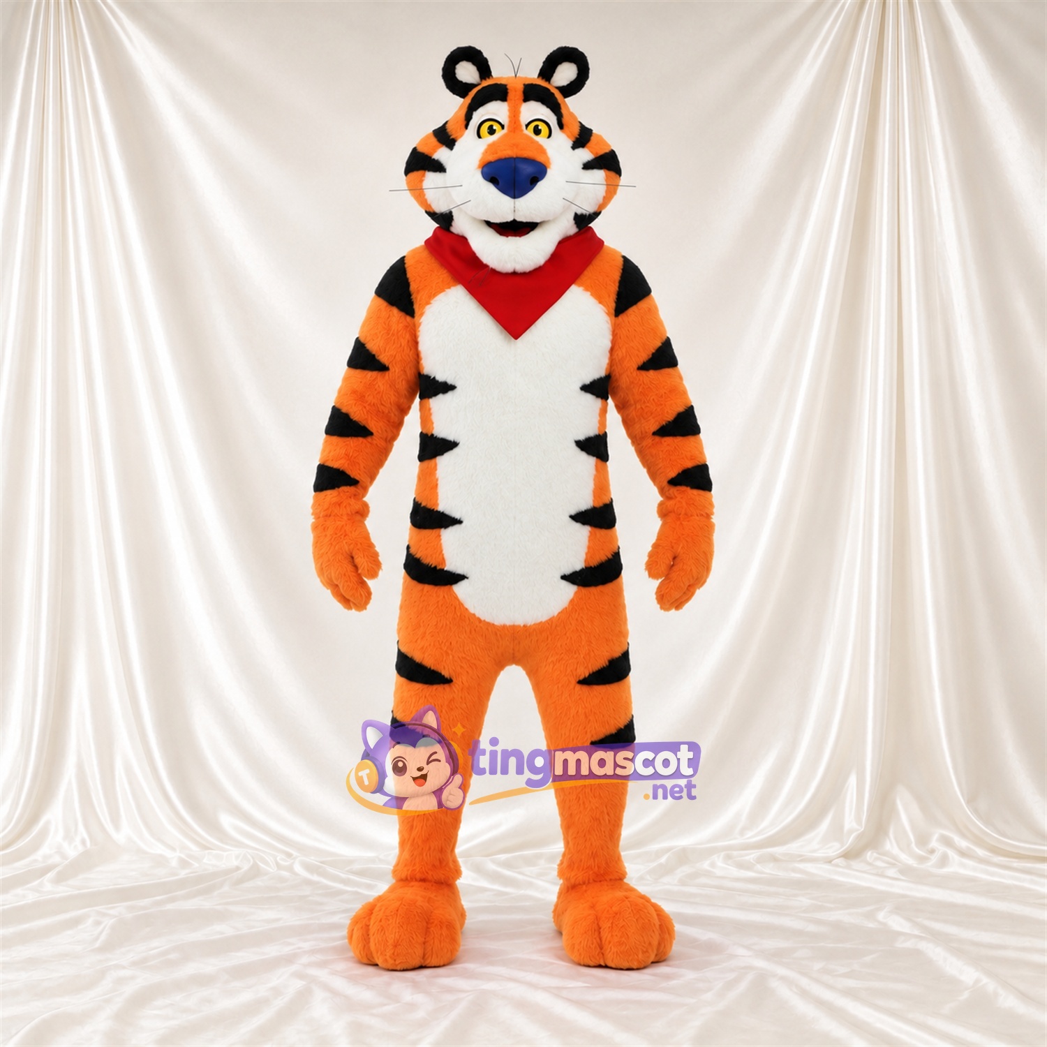 Costume de mascotte Tigre – orange – Bandana (rouge); Ventre (blanc) Costume de mascotte Tigre – orange – Bandana (rouge); Ventre (blanc)