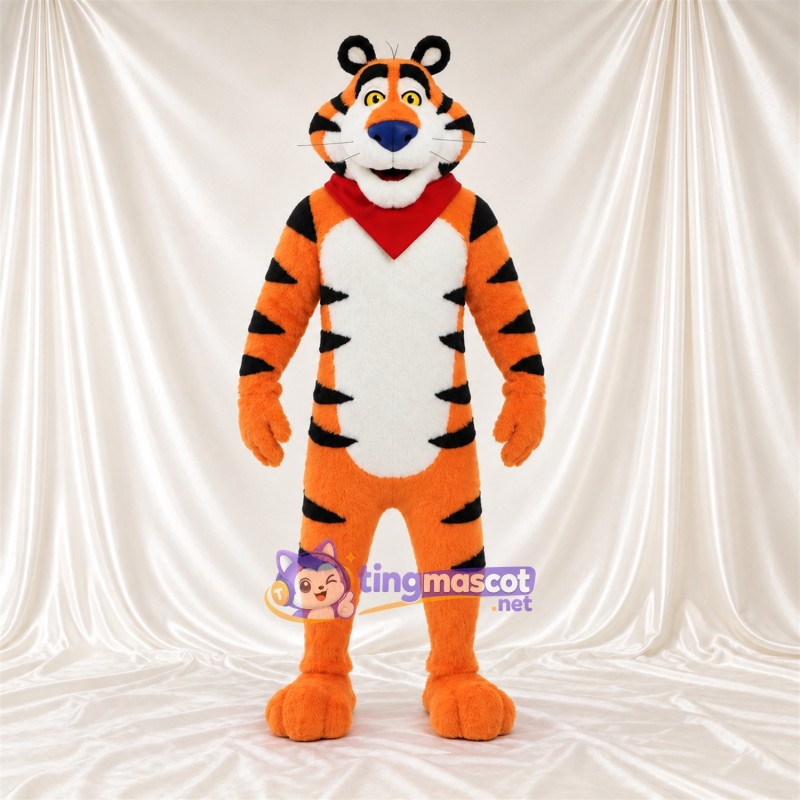 Orange Tiger Mascot Costume - Red Bandana, White Belly and Blue Nose Orange Tiger Mascot Costume - Red Bandana, White Belly and Blue Nose