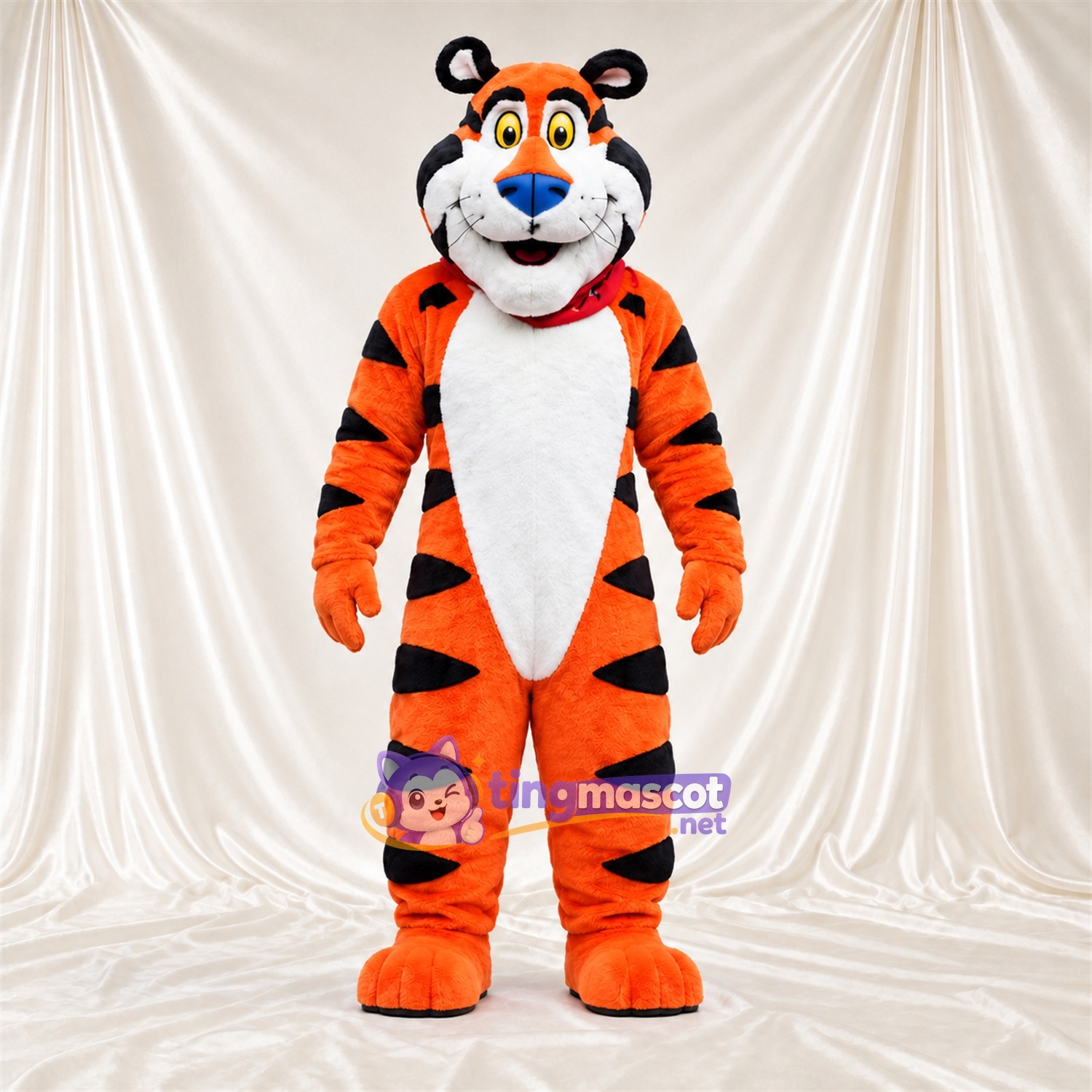Orange Tiger Mascot Costume - Red Bandana, Blue Nose and Broad Stripes Orange Tiger Mascot Costume - Red Bandana, Blue Nose and Broad Stripes