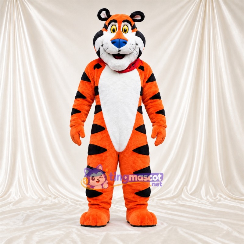 Orange Tiger Mascot Costume - Red Bandana, Blue Nose and Broad Stripes Orange Tiger Mascot Costume - Red Bandana, Blue Nose and Broad Stripes
