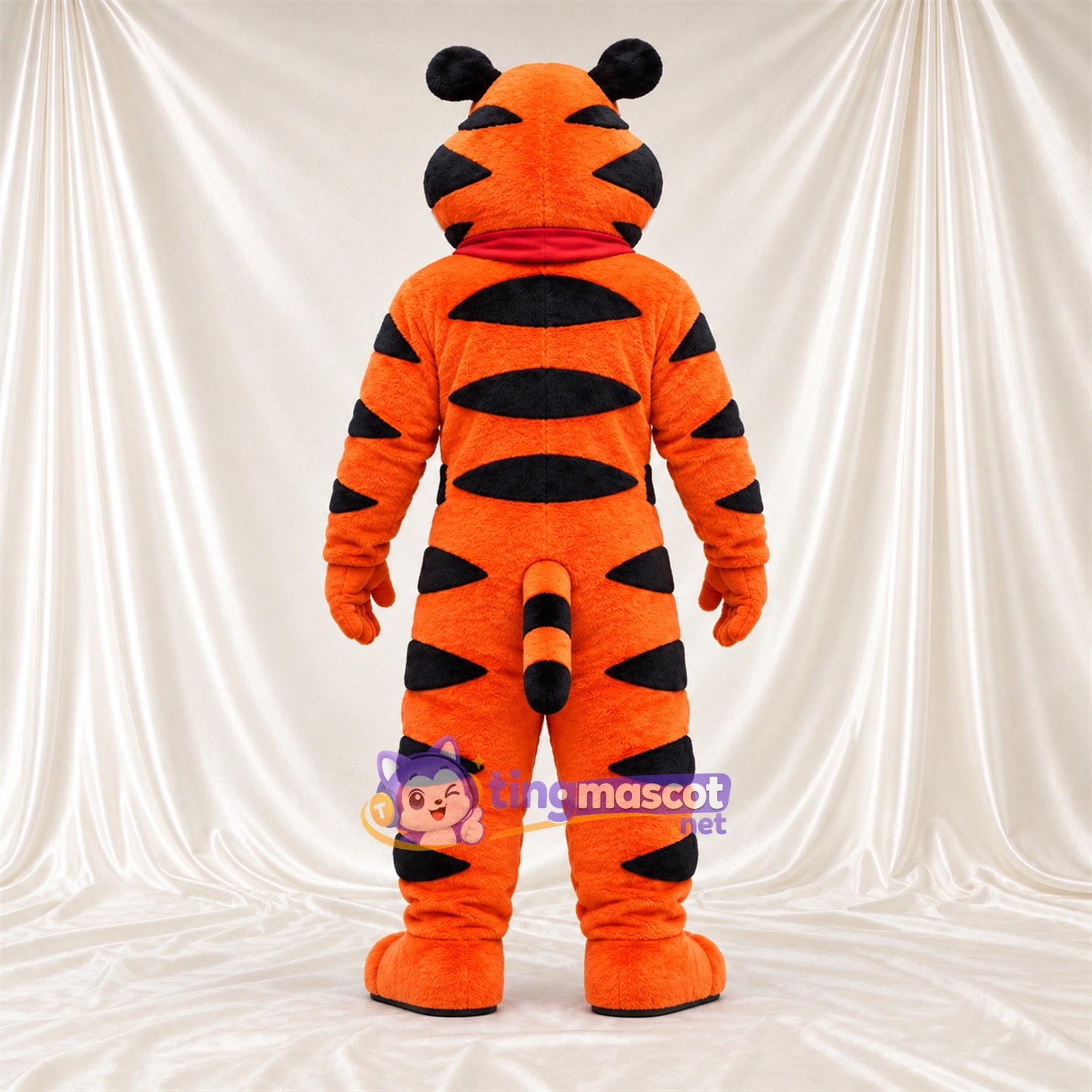Orange Tiger Mascot Costume - Red Bandana, Blue Nose and Broad Stripes Orange Tiger Mascot Costume - Red Bandana, Blue Nose and Broad Stripes