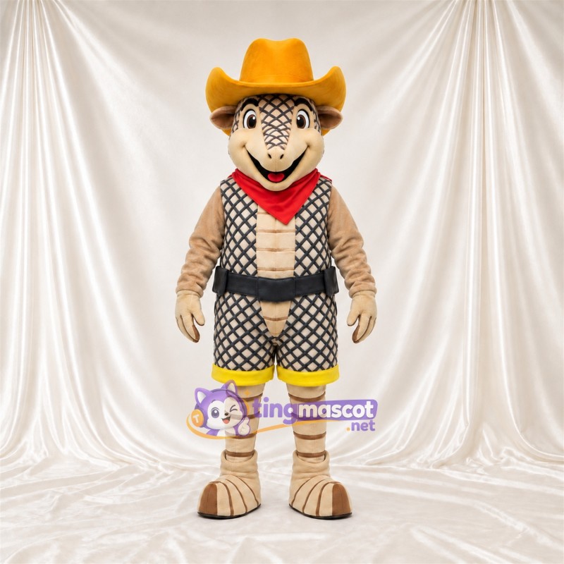 Costume de mascotte Tatou – brun clair – Chapeau de cowboy; Bandana (rouge) Costume de mascotte Tatou – brun clair – Chapeau de cowboy; Bandana (rouge)