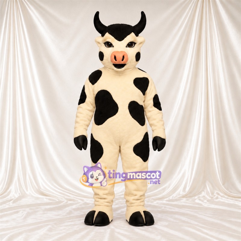 Black and White Cow Mascot Costume - Black Horns and Pink Muzzle Black and White Cow Mascot Costume - Black Horns and Pink Muzzle