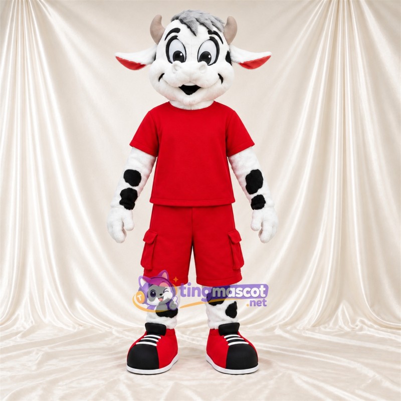 Black and White Cow Mascot Costume - Red Sports Uniform Black and White Cow Mascot Costume - Red Sports Uniform