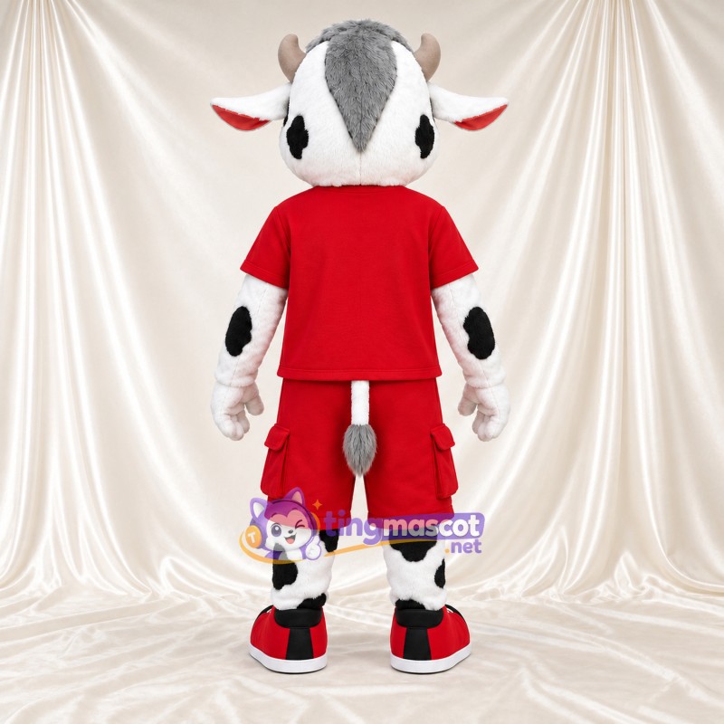 Black and White Cow Mascot Costume - Red Sports Uniform Black and White Cow Mascot Costume - Red Sports Uniform