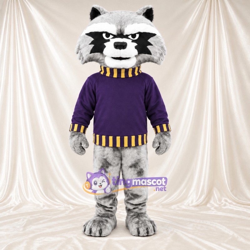 Costume de mascotte Raton laveur – gris – Pull (violet) Costume de mascotte Raton laveur – gris – Pull (violet)