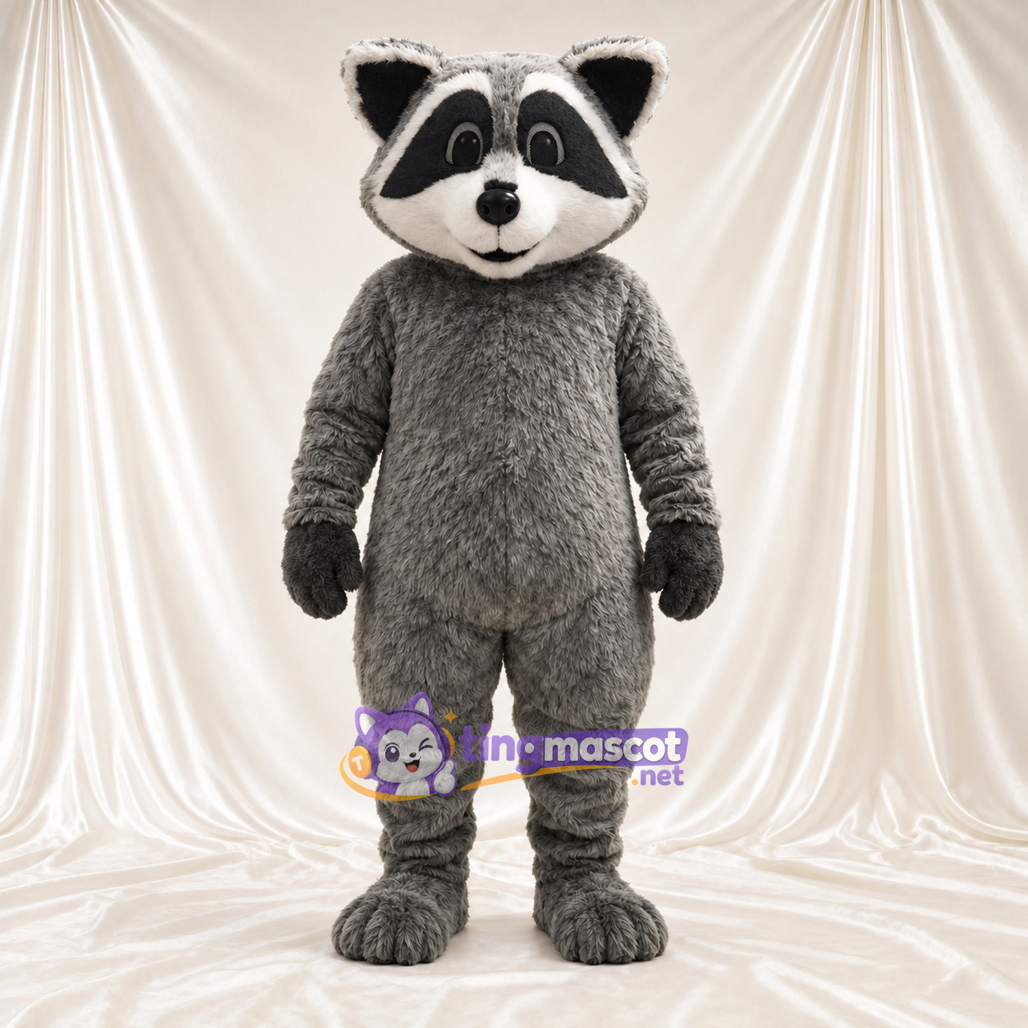 Maskottchenkostüm Waschbär – grau – Gestreifter Schwanz (weiß); Zottelfell Maskottchenkostüm Waschbär – grau – Gestreifter Schwanz (weiß); Zottelfell