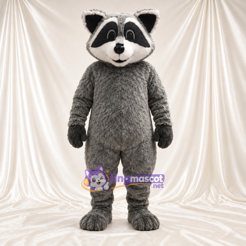Maskottchenkostüm Waschbär – grau – Gestreifter Schwanz (weiß); Zottelfell Maskottchenkostüm Waschbär – grau – Gestreifter Schwanz (weiß); Zottelfell