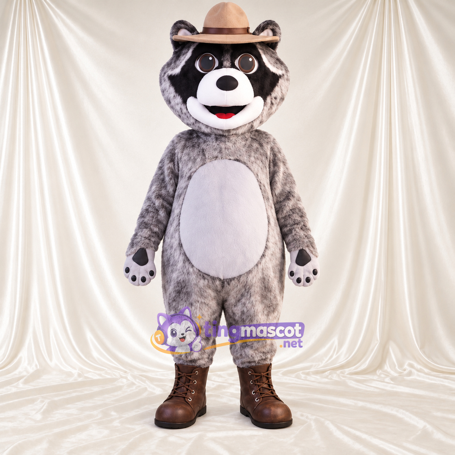 Costume de mascotte Raton laveur – gris – Chapeau de cowboy (marron)
