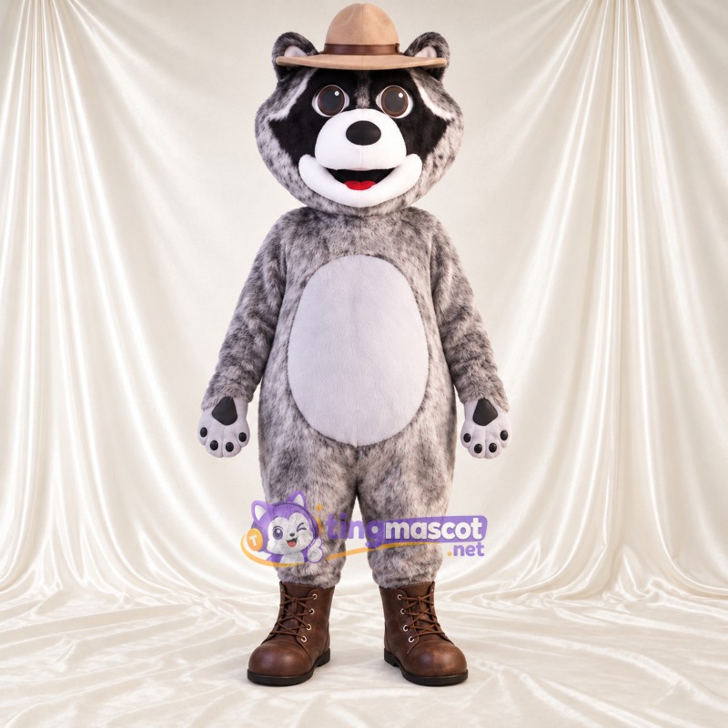 Costume de mascotte Raton laveur – gris – Chapeau de cowboy (marron) Costume de mascotte Raton laveur – gris – Chapeau de cowboy (marron)