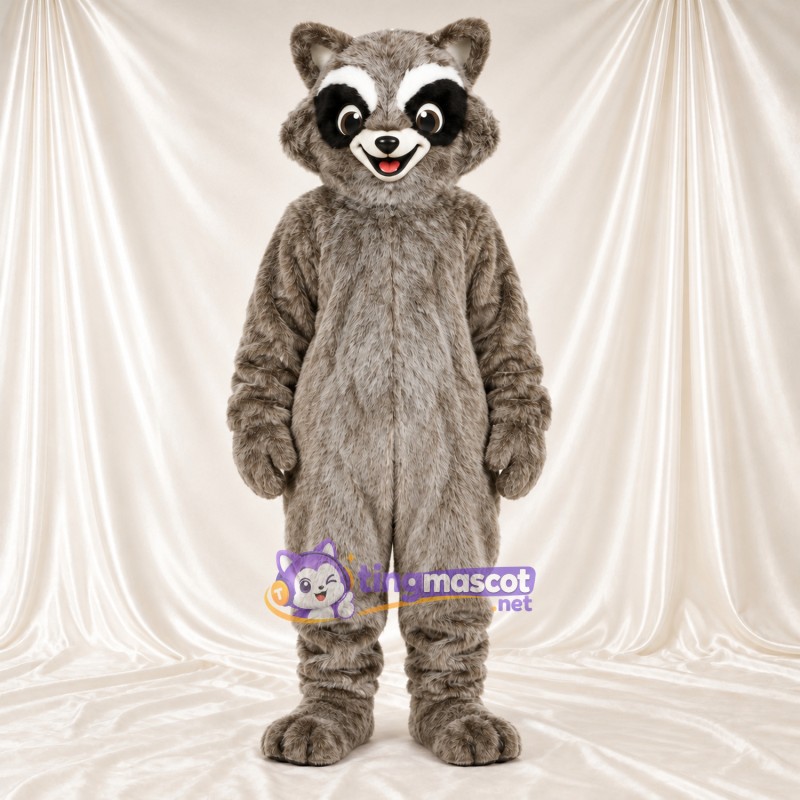 Maskottchenkostüm Waschbär – grau – Gestreifter Schwanz (weiß); Zottelfell Maskottchenkostüm Waschbär – grau – Gestreifter Schwanz (weiß); Zottelfell