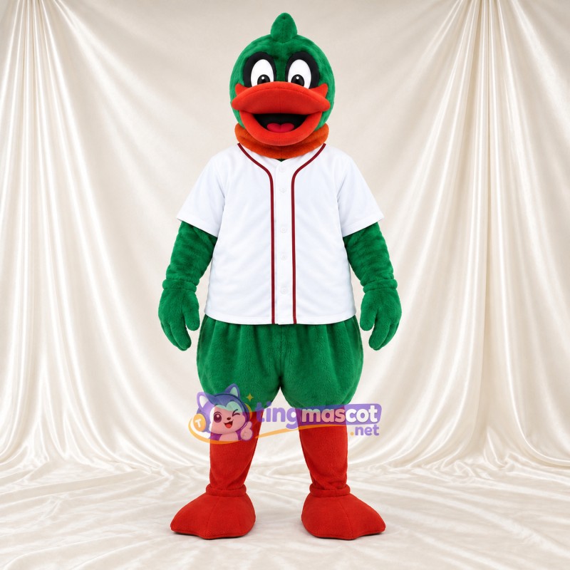 Maskottchenkostüm Ente – grün – Baseballtrikot (weiß); Füße (rot) Maskottchenkostüm Ente – grün – Baseballtrikot (weiß); Füße (rot)