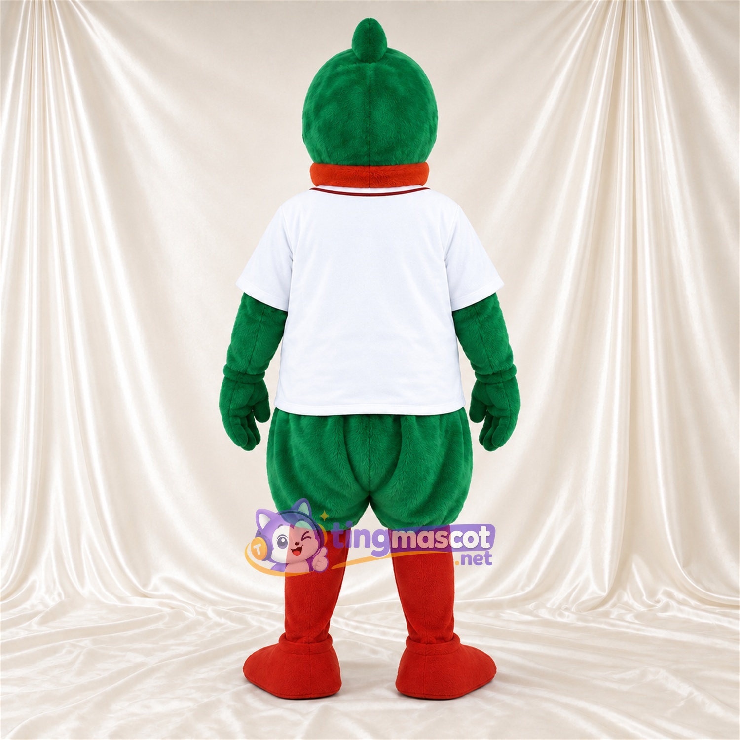 Maskottchenkostüm Ente – grün – Baseballtrikot (weiß); Füße (rot) Maskottchenkostüm Ente – grün – Baseballtrikot (weiß); Füße (rot)