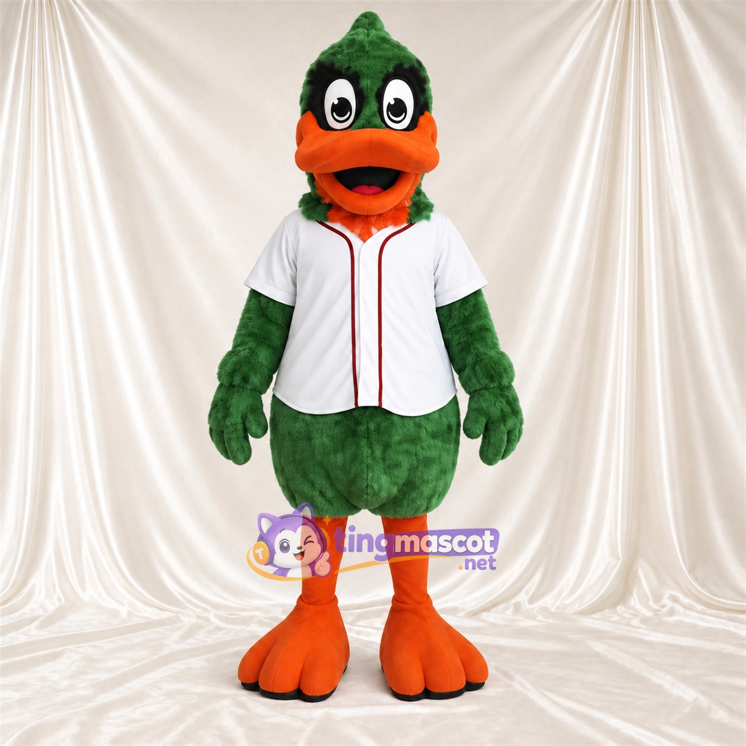 Maskottchenkostüm Ente – grün – Baseballtrikot (weiß); Füße (orange) Maskottchenkostüm Ente – grün – Baseballtrikot (weiß); Füße (orange)