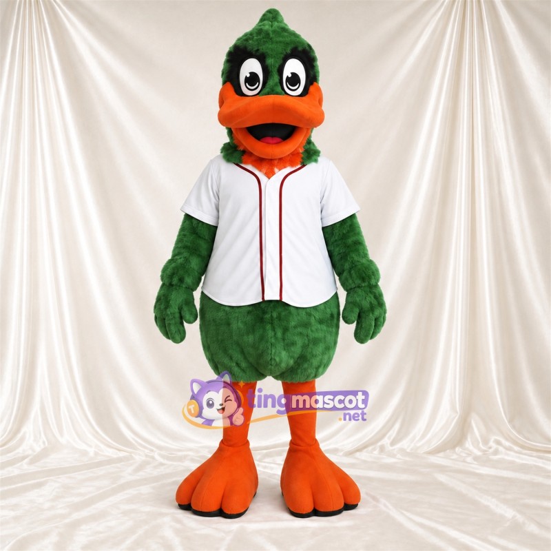 Maskottchenkostüm Ente – grün – Baseballtrikot (weiß); Füße (orange) Maskottchenkostüm Ente – grün – Baseballtrikot (weiß); Füße (orange)