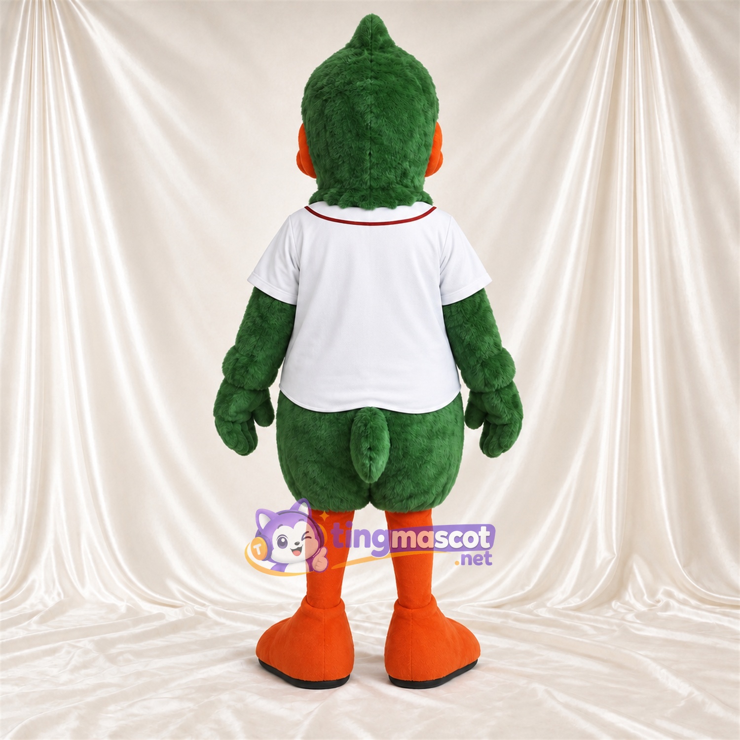 Maskottchenkostüm Ente – grün – Baseballtrikot (weiß); Füße (orange) Maskottchenkostüm Ente – grün – Baseballtrikot (weiß); Füße (orange)
