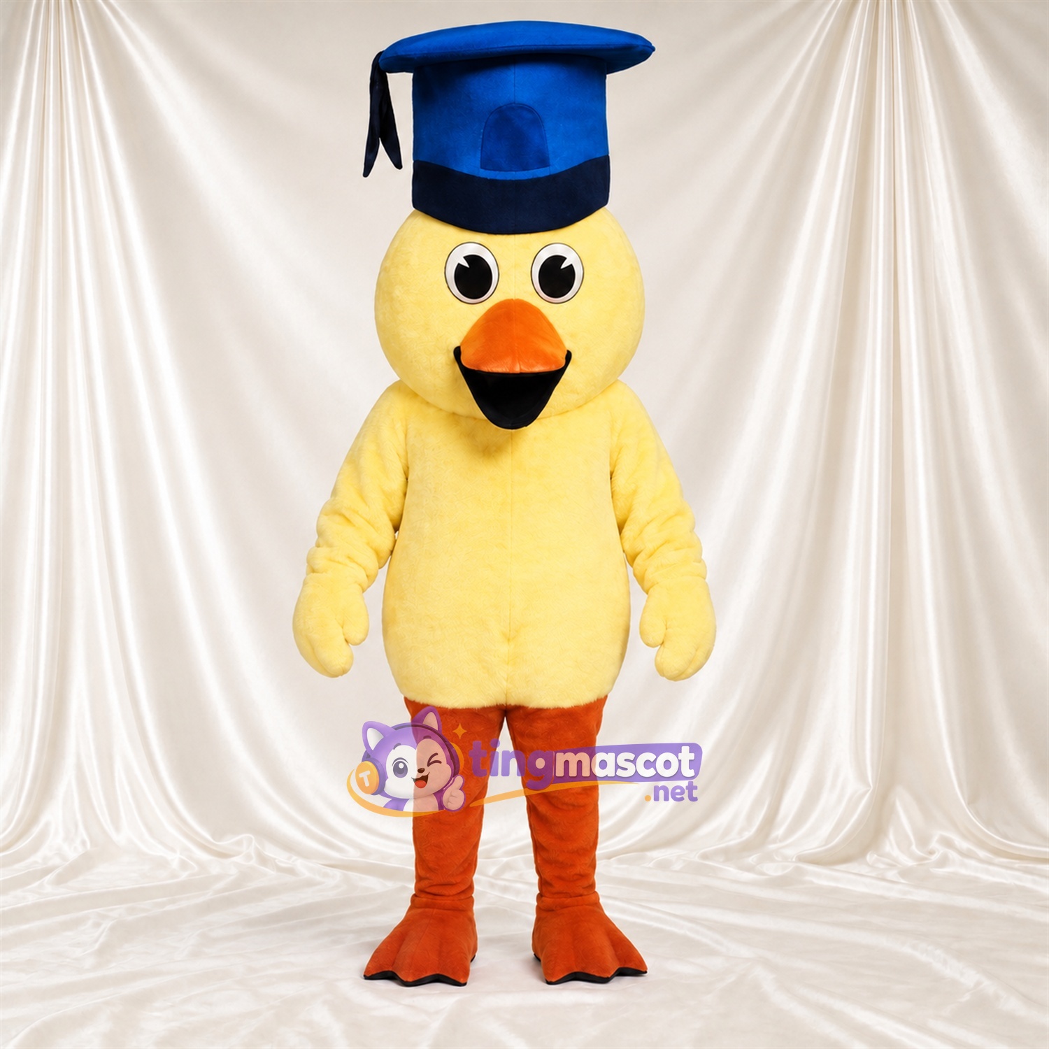 Costume de mascotte Canard – jaune – Coiffe de diplômé (bleu) Costume de mascotte Canard – jaune – Coiffe de diplômé (bleu)