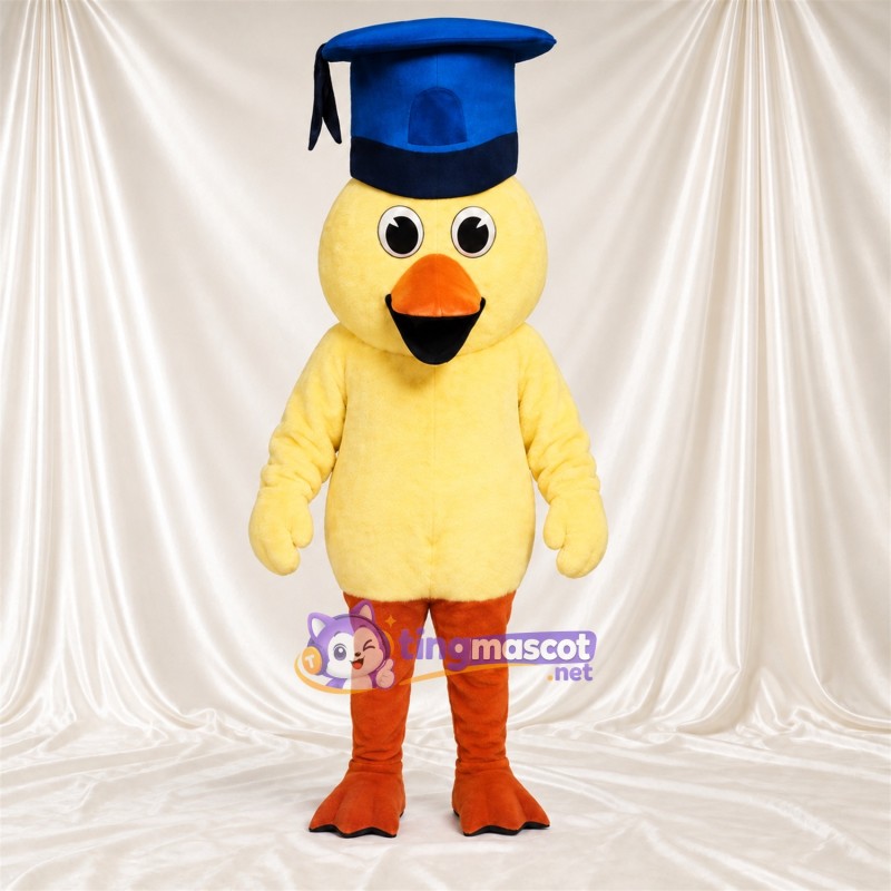 Costume de mascotte Canard – jaune – Coiffe de diplômé (bleu) Costume de mascotte Canard – jaune – Coiffe de diplômé (bleu)