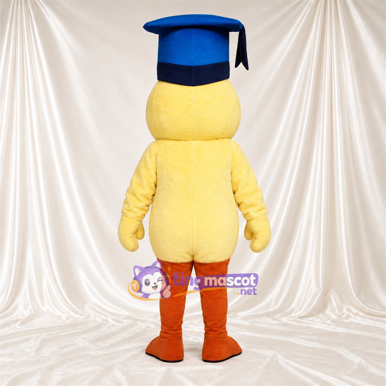 Costume de mascotte Canard – jaune – Coiffe de diplômé (bleu) Costume de mascotte Canard – jaune – Coiffe de diplômé (bleu)