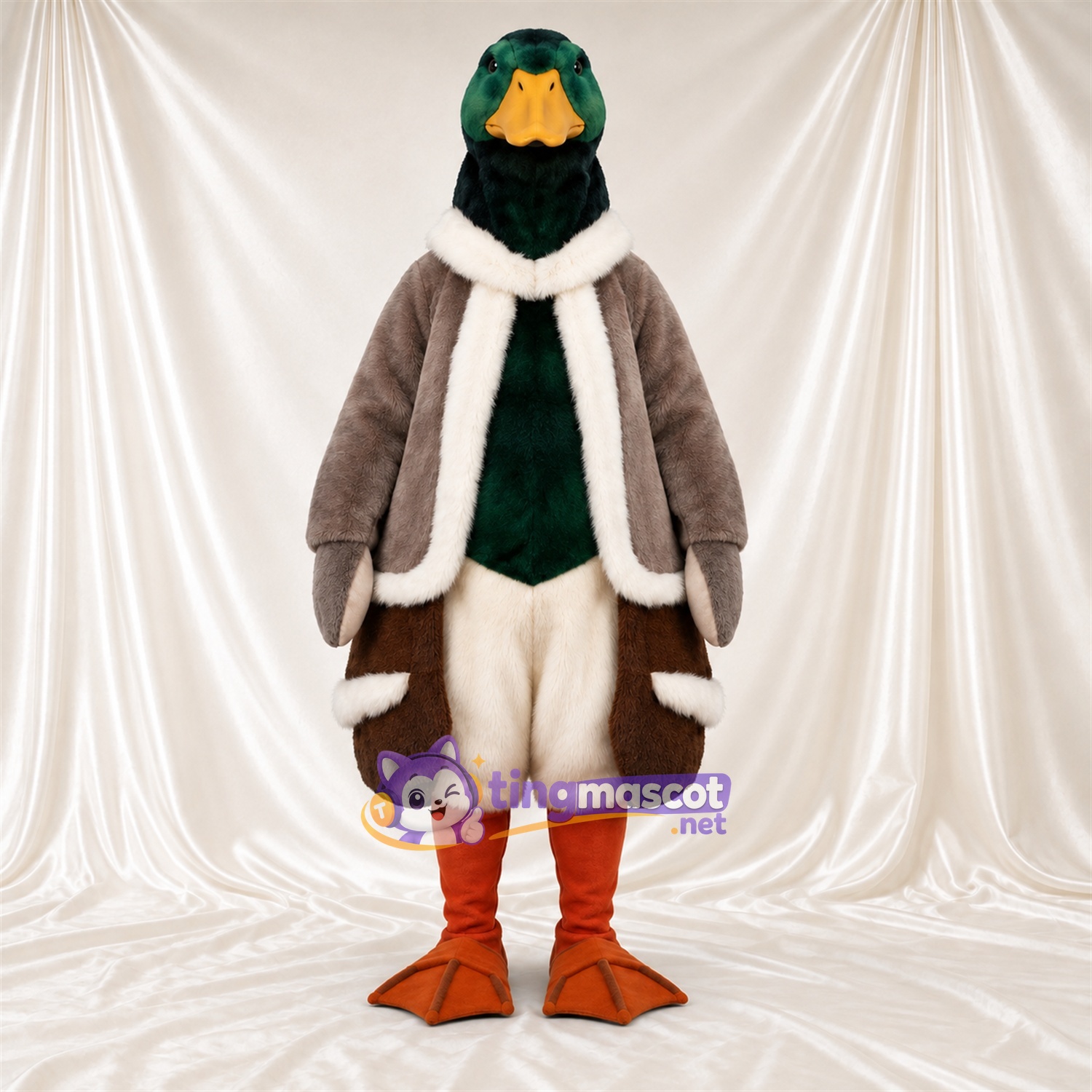 Brown Duck Mascot Costume - Green Head and White Scarf Brown Duck Mascot Costume - Green Head and White Scarf