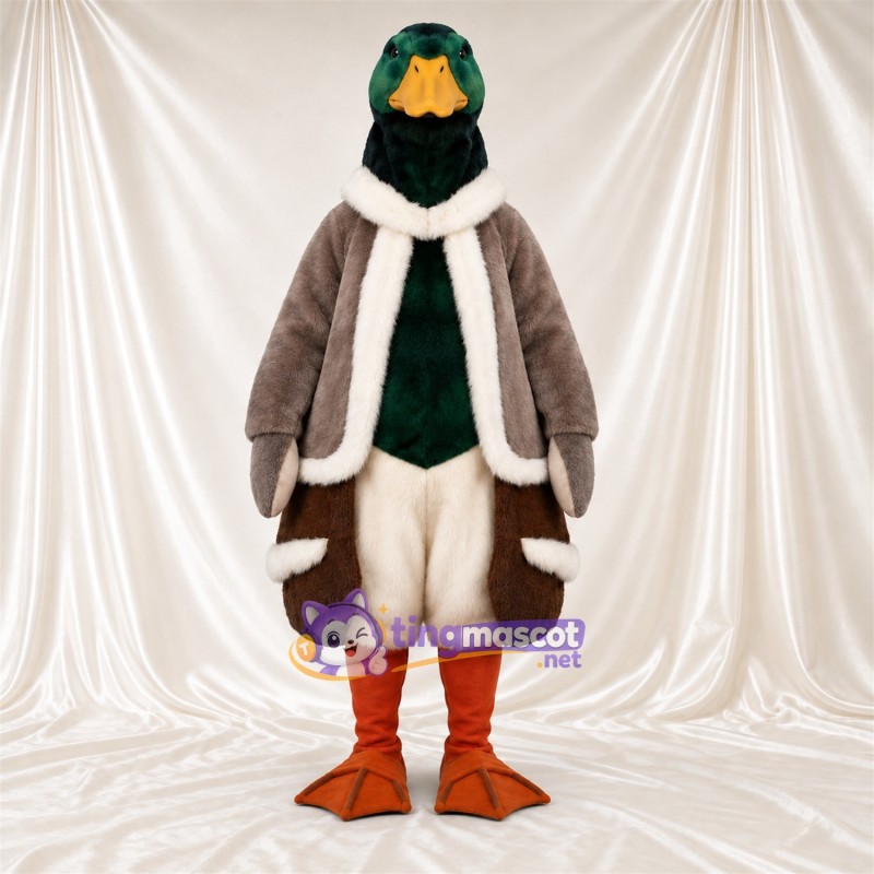 Brown Duck Mascot Costume - Green Head and White Scarf Brown Duck Mascot Costume - Green Head and White Scarf