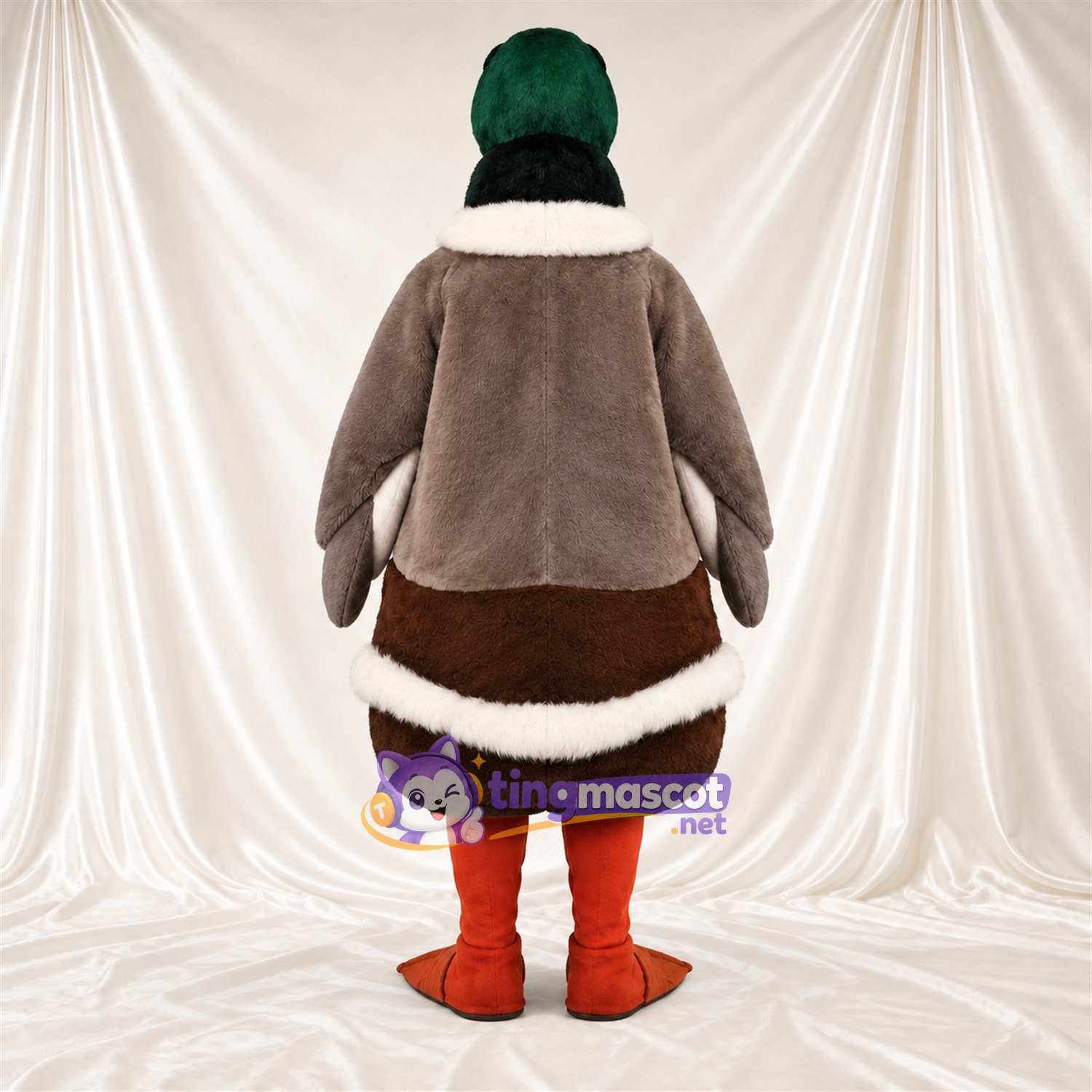 Brown Duck Mascot Costume - Green Head and White Scarf Brown Duck Mascot Costume - Green Head and White Scarf