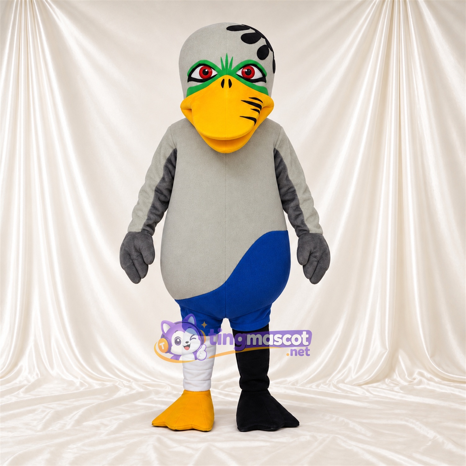 Costume de mascotte Canard – gris – Short (bleu) Costume de mascotte Canard – gris – Short (bleu)