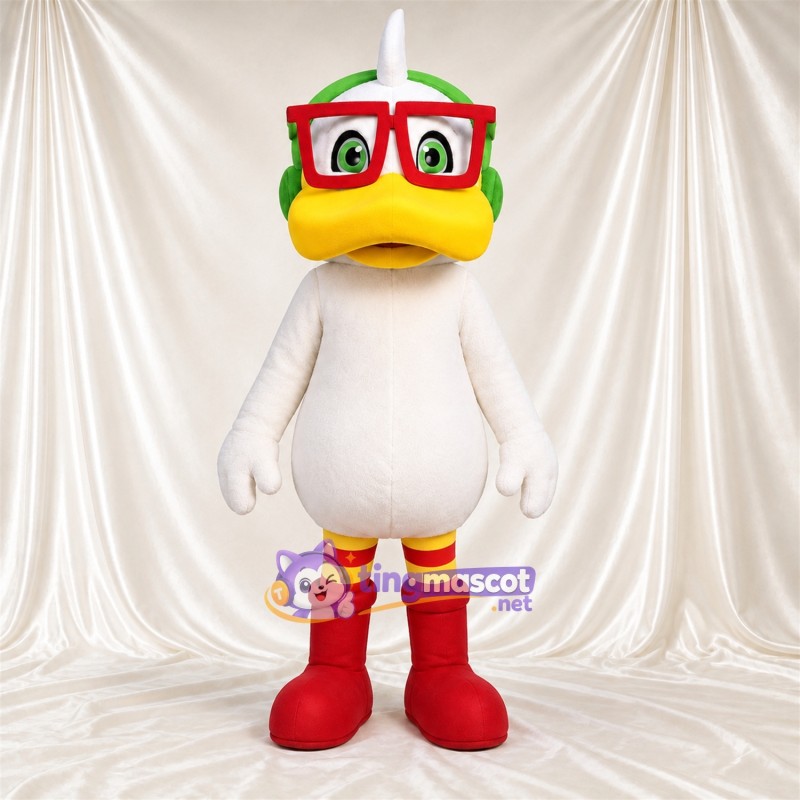 Maskottchenkostüm Ente – weiß – Brille (rot); Kopfhörer (grün) Maskottchenkostüm Ente – weiß – Brille (rot); Kopfhörer (grün)