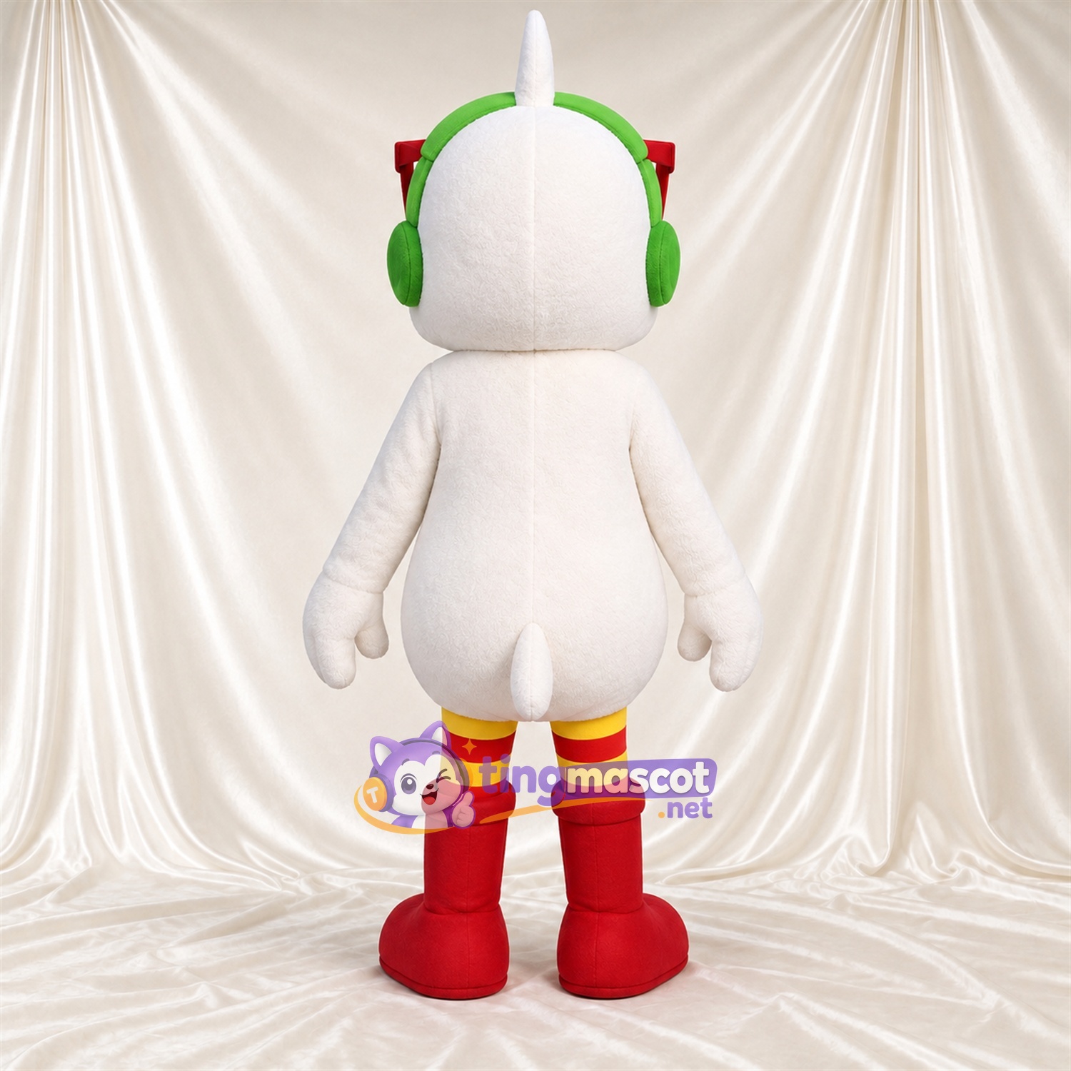 Costume de mascotte Canard – blanc – Lunettes (rouge); Casque audio (vert) Costume de mascotte Canard – blanc – Lunettes (rouge); Casque audio (vert)