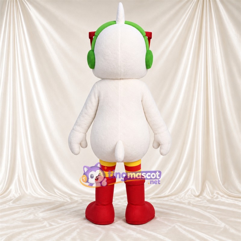 Costume de mascotte Canard – blanc – Lunettes (rouge); Casque audio (vert) Costume de mascotte Canard – blanc – Lunettes (rouge); Casque audio (vert)
