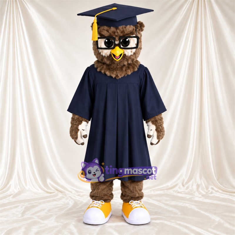Costume de mascotte Hibou – marron – Toge de diplômé (bleu); Casquette Costume de mascotte Hibou – marron – Toge de diplômé (bleu); Casquette