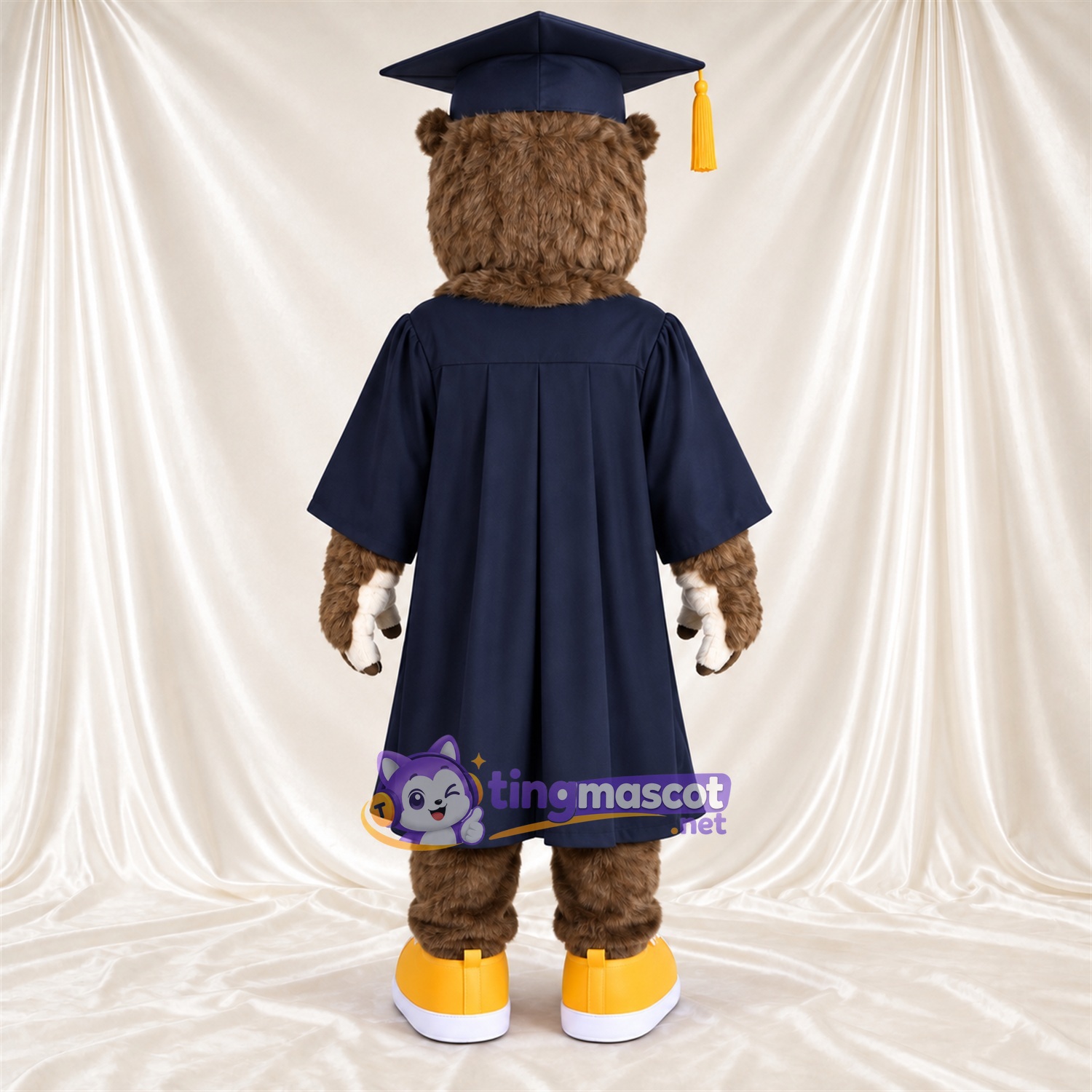 Costume de mascotte Hibou – marron – Toge de diplômé (bleu); Casquette Costume de mascotte Hibou – marron – Toge de diplômé (bleu); Casquette