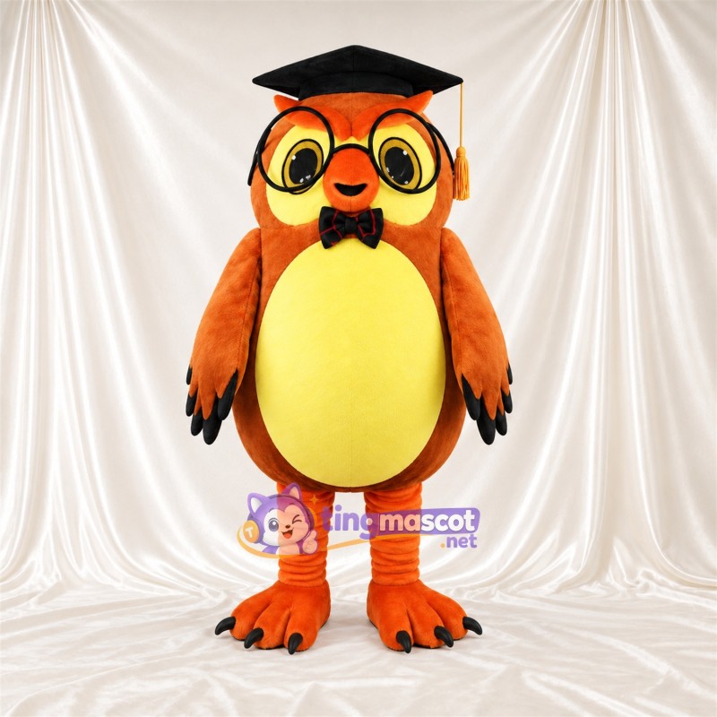 Costume de mascotte Hibou – orange – Coiffe de diplômé; Lunettes Costume de mascotte Hibou – orange – Coiffe de diplômé; Lunettes