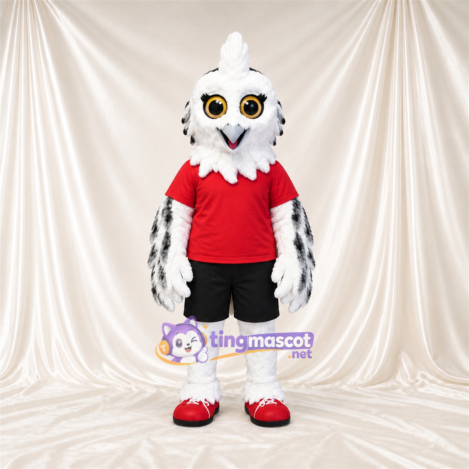 Costume de mascotte Hibou – blanc – Chemise (rouge); Short (noir) Costume de mascotte Hibou – blanc – Chemise (rouge); Short (noir)