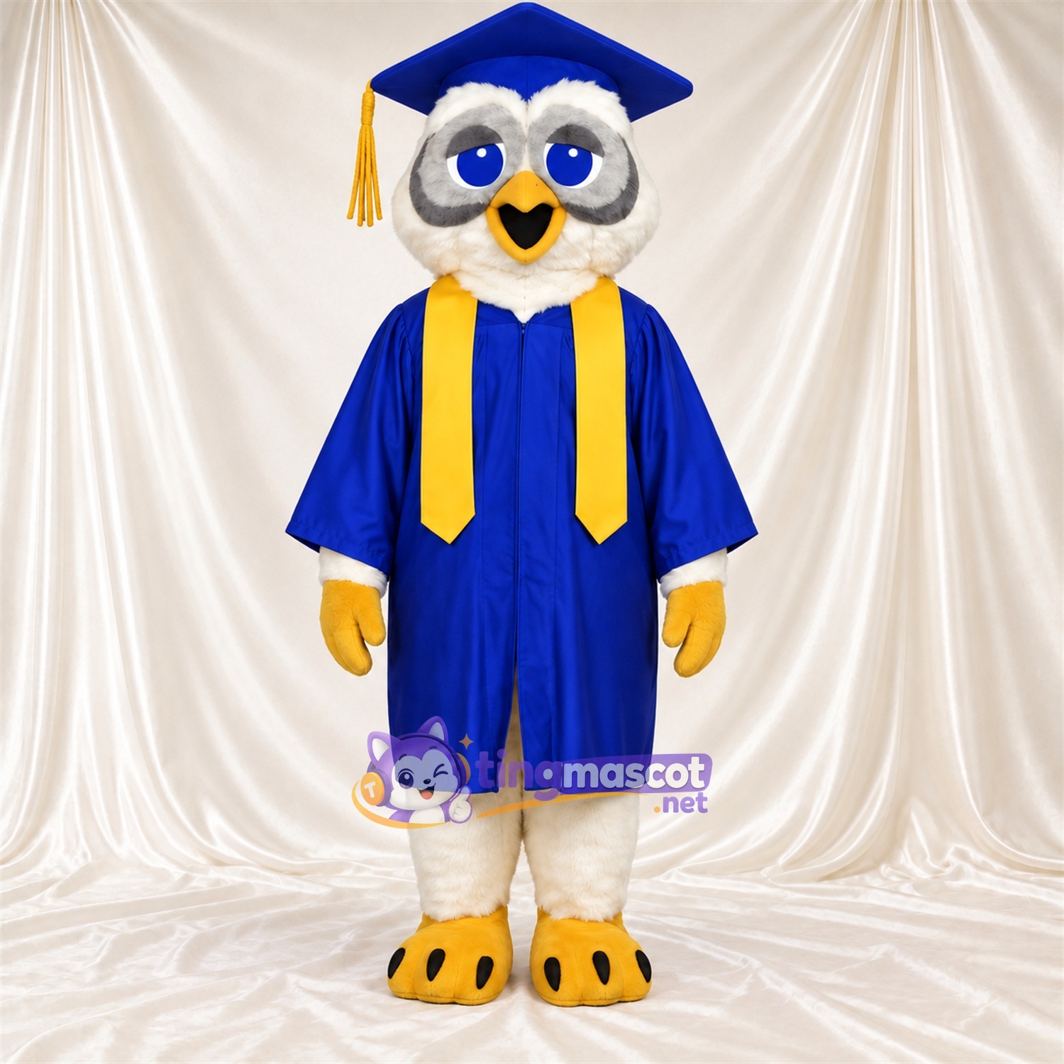 Costume de mascotte Hibou – blanc – Toge de diplômé (bleu) Costume de mascotte Hibou – blanc – Toge de diplômé (bleu)