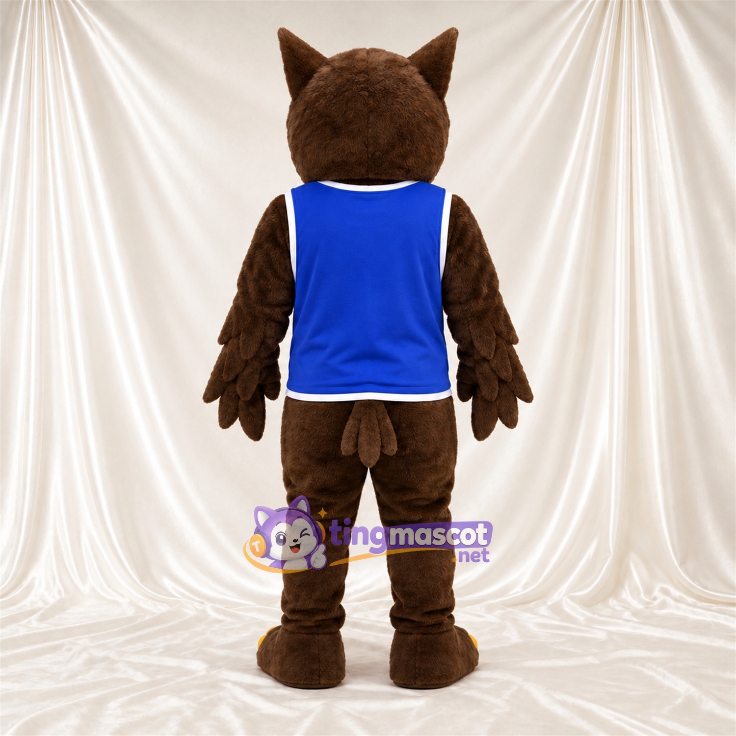Maskottchenkostüm Eule – braun – Tanktop (blau) Maskottchenkostüm Eule – braun – Tanktop (blau)