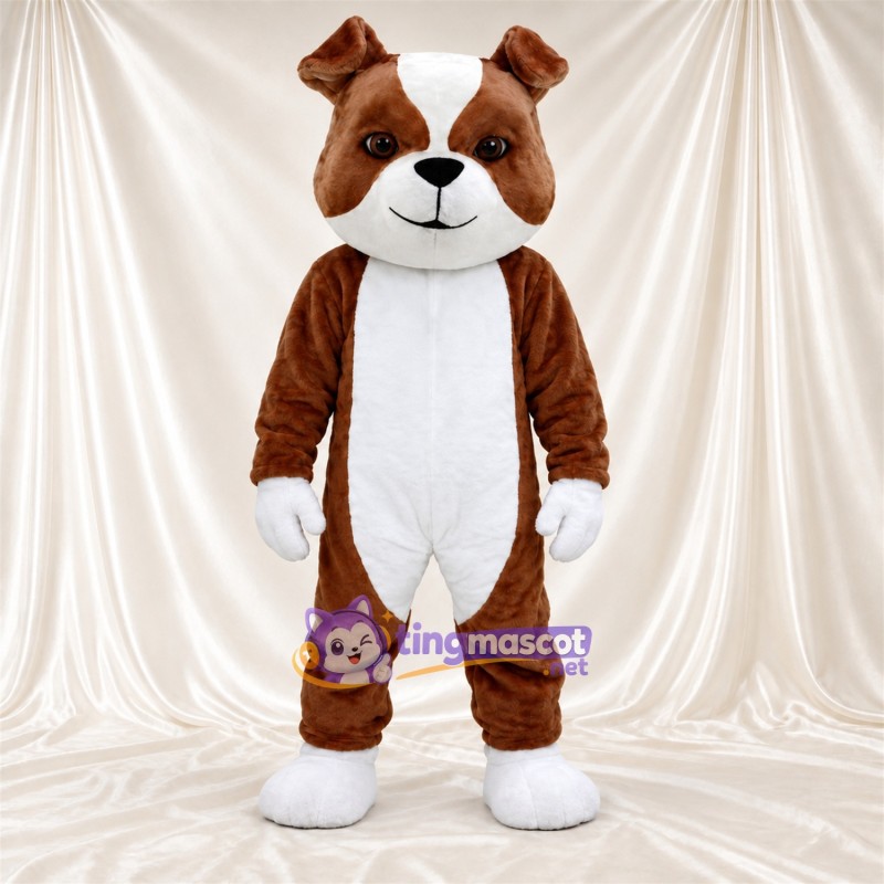 Costume de mascotte Bouledogue – marron / blanc – Gants (blanc); Pieds (blanc) Costume de mascotte Bouledogue – marron / blanc – Gants (blanc); Pieds (blanc)
