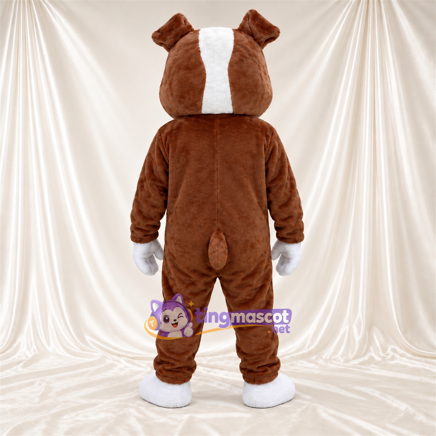 Costume de mascotte Bouledogue – marron / blanc – Gants (blanc); Pieds (blanc) Costume de mascotte Bouledogue – marron / blanc – Gants (blanc); Pieds (blanc)