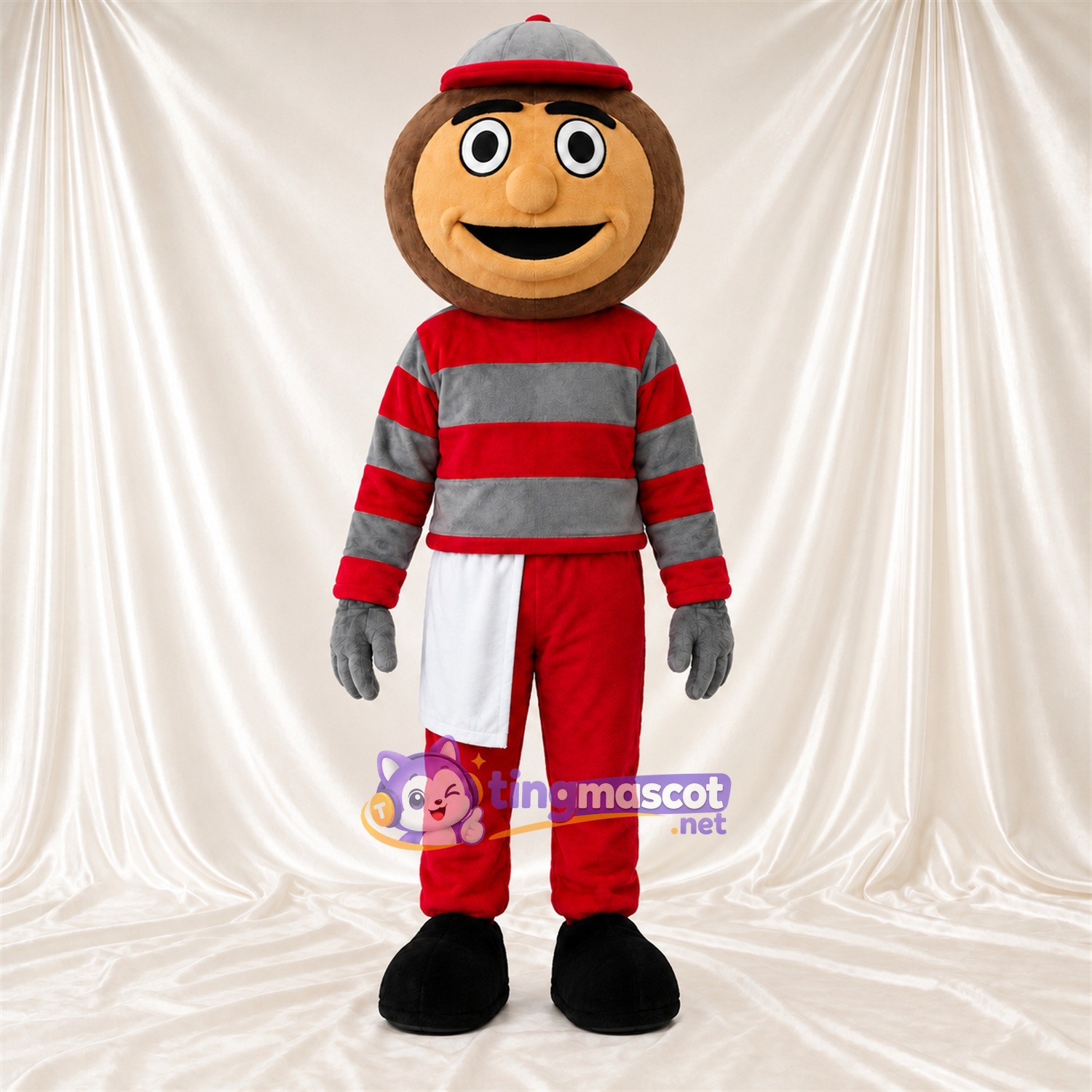Cartoon Boy Mascot Costume - Red and Gray Striped Outfit Cartoon Boy Mascot Costume - Red and Gray Striped Outfit