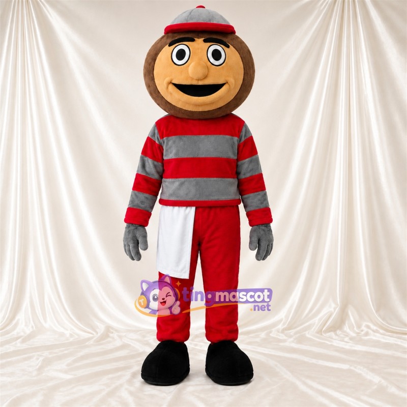 Cartoon Boy Mascot Costume - Red and Gray Striped Outfit Cartoon Boy Mascot Costume - Red and Gray Striped Outfit