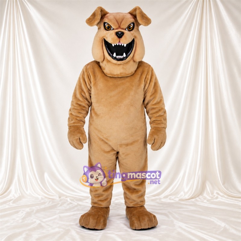 Costume de mascotte Bouledogue – brun clair – Bouche ouverte; Crocs pointus Costume de mascotte Bouledogue – brun clair – Bouche ouverte; Crocs pointus