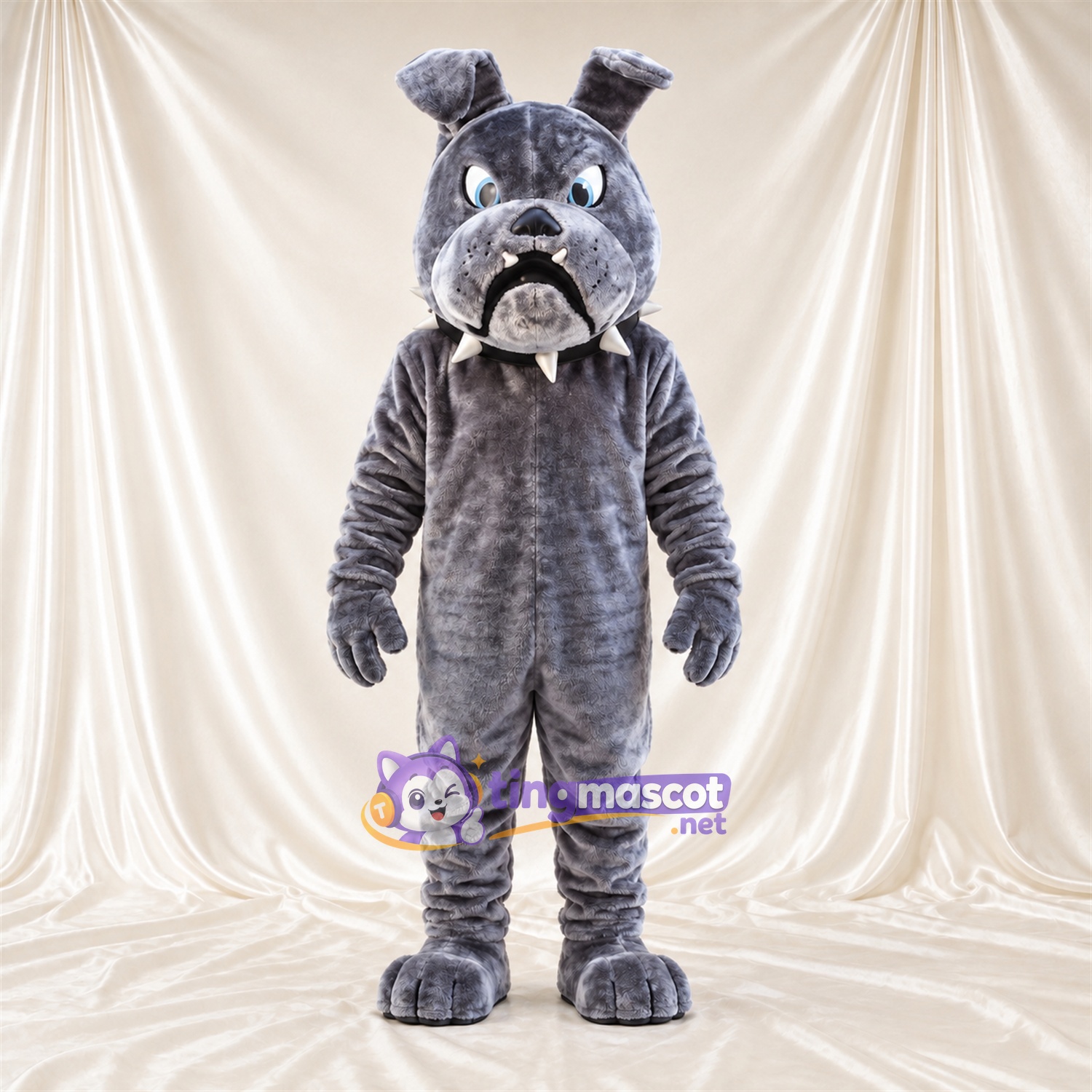 Costume de mascotte Bouledogue – gris – Collier à pointes Costume de mascotte Bouledogue – gris – Collier à pointes