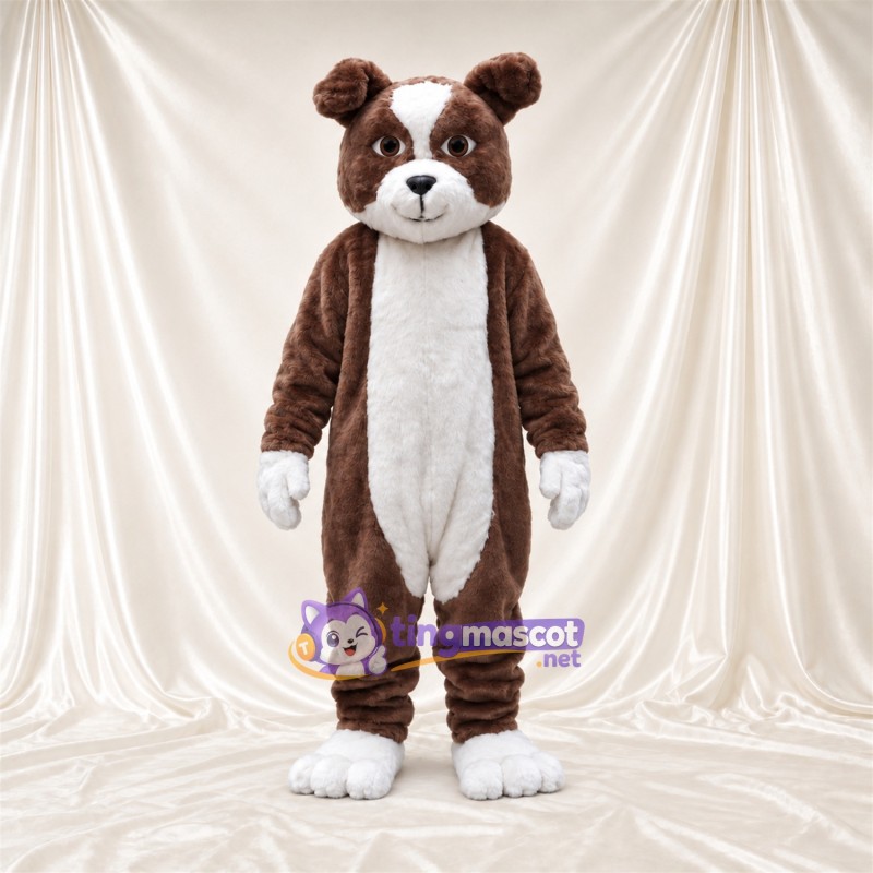 Costume de mascotte Bouledogue – marron / blanc – Gants (blanc); Pieds (blanc) Costume de mascotte Bouledogue – marron / blanc – Gants (blanc); Pieds (blanc)