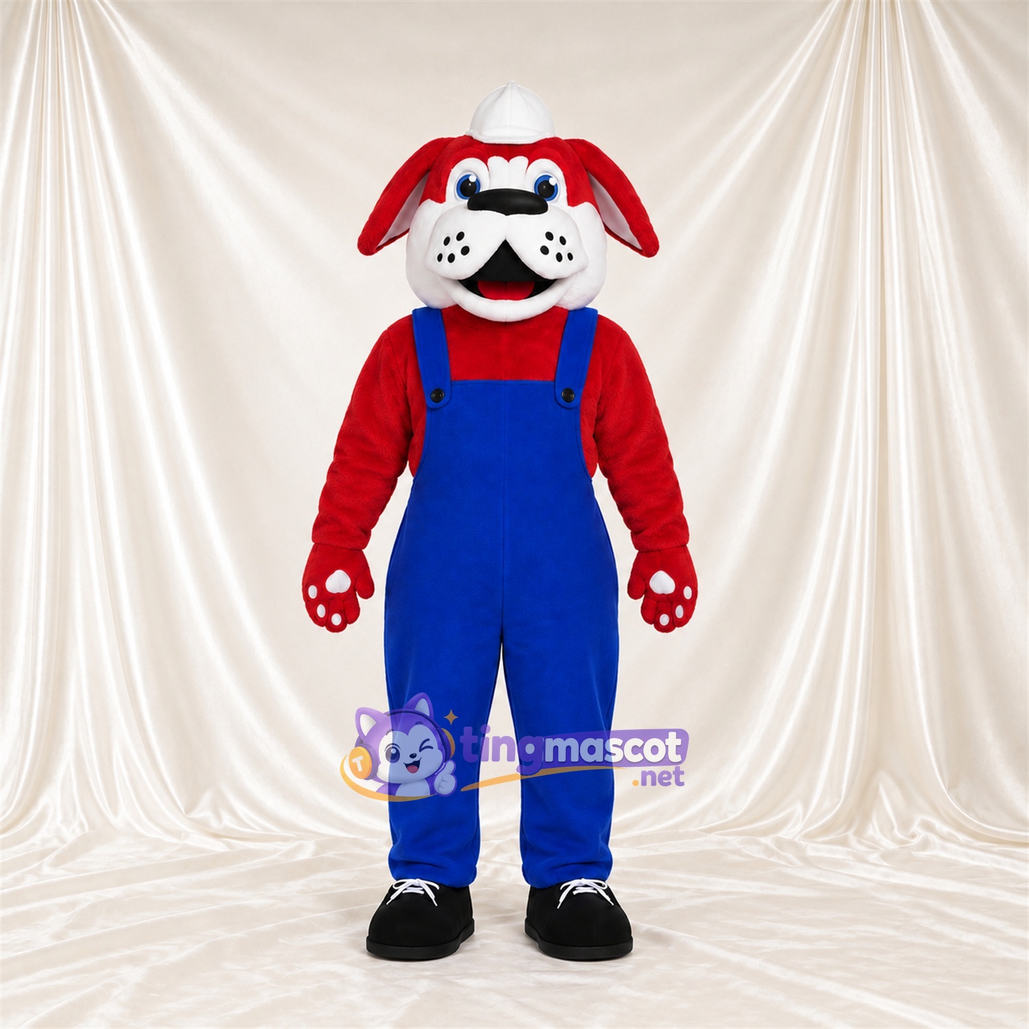 Costume de mascotte Bouledogue – rouge – Salopette (bleu) Costume de mascotte Bouledogue – rouge – Salopette (bleu)