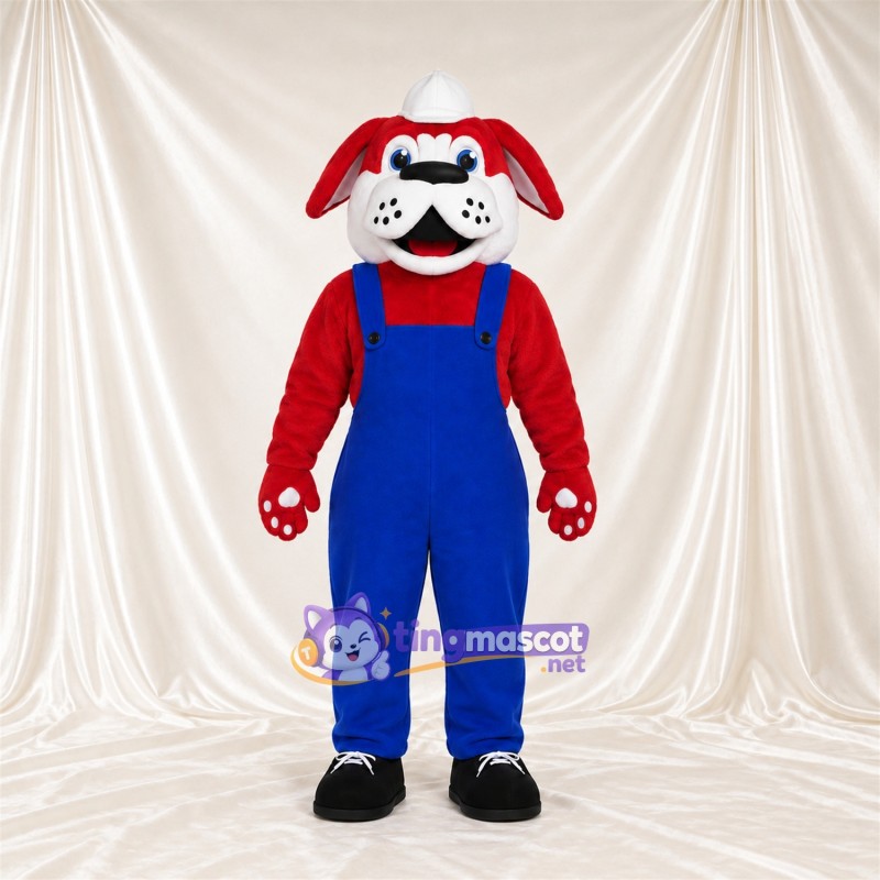 Costume de mascotte Bouledogue – rouge – Salopette (bleu) Costume de mascotte Bouledogue – rouge – Salopette (bleu)