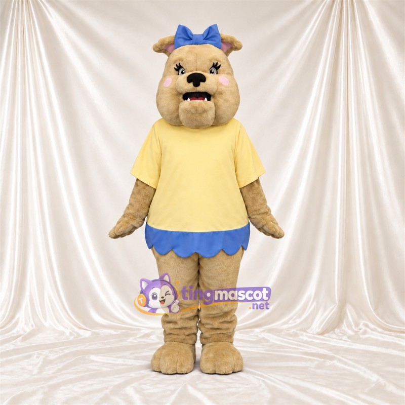 Costume de mascotte Bouledogue – brun clair – Chemise (jaune); Nœud (bleu) Costume de mascotte Bouledogue – brun clair – Chemise (jaune); Nœud (bleu)