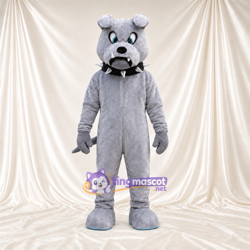 Costume de mascotte Bouledogue – gris – Collier à pointes (noir) Costume de mascotte Bouledogue – gris – Collier à pointes (noir)