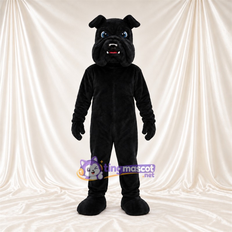 Black Bulldog Mascot Costume - Wrinkled Face and Pointed Fangs Black Bulldog Mascot Costume - Wrinkled Face and Pointed Fangs