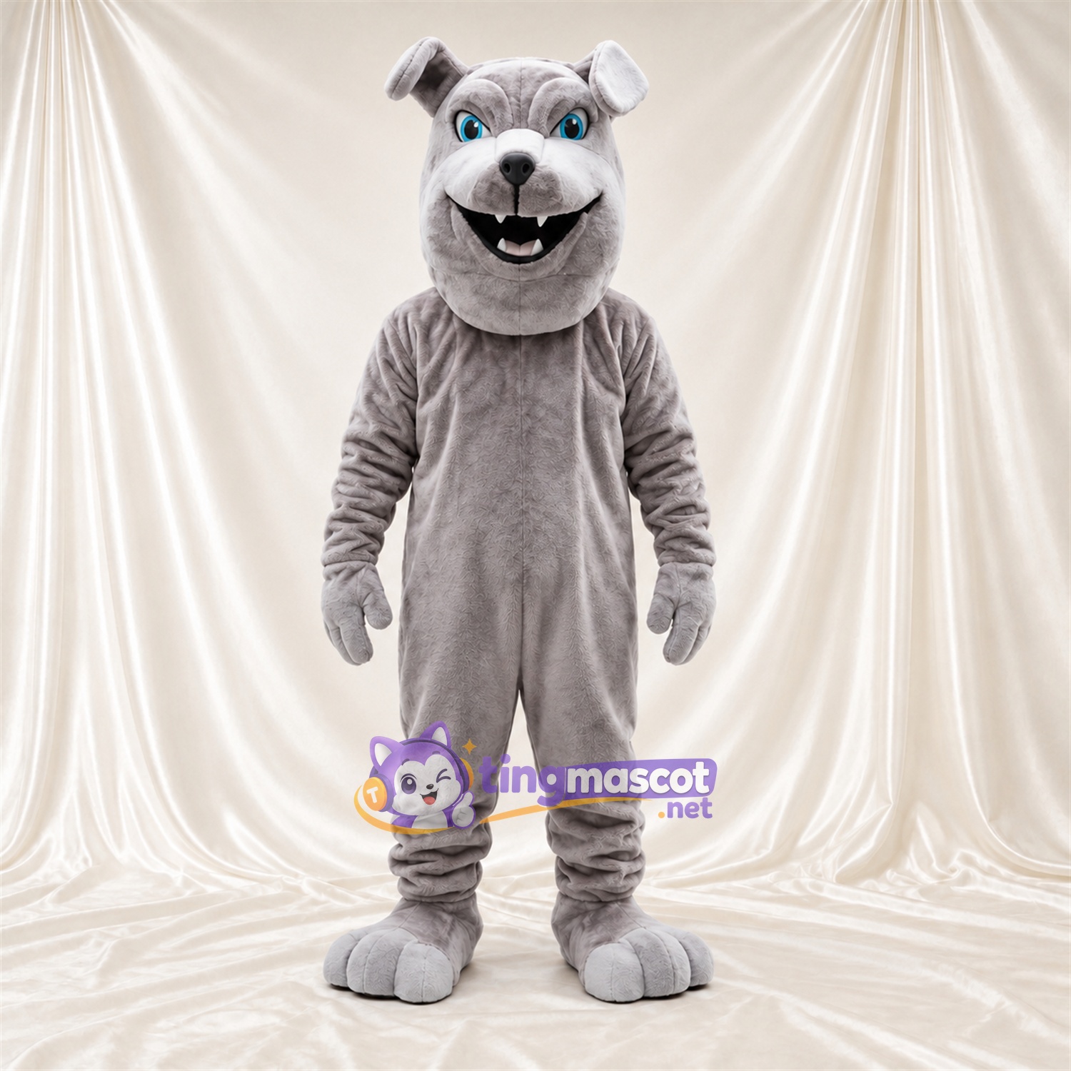 Costume de mascotte Bouledogue – gris – Museau (blanc); Yeux (bleu) Costume de mascotte Bouledogue – gris – Museau (blanc); Yeux (bleu)